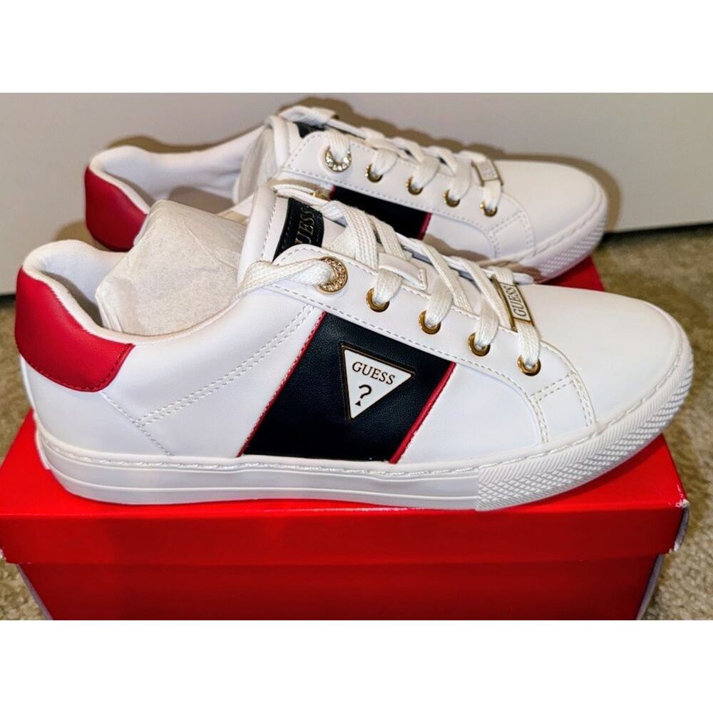 Guess LIZANNE Women’s Sneakers 7.5 White Red Blue Logo Lace Up Casual Shoes